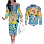 World Ocean Day Aboriginal Arts Indigenous Couples Matching Off The Shoulder Long Sleeve Dress and Long Sleeve Button Shirt Dancing Under Moonlight