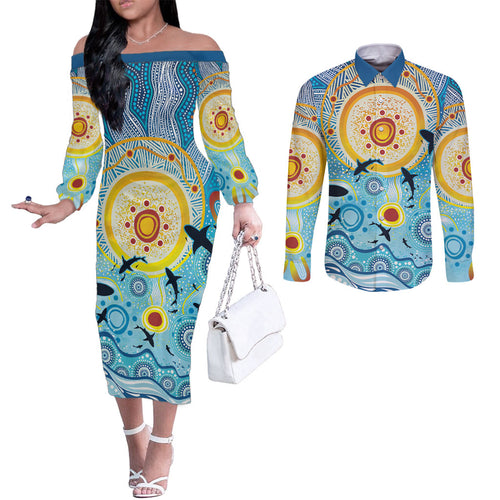 World Ocean Day Aboriginal Arts Indigenous Couples Matching Off The Shoulder Long Sleeve Dress and Long Sleeve Button Shirt Dancing Under Moonlight