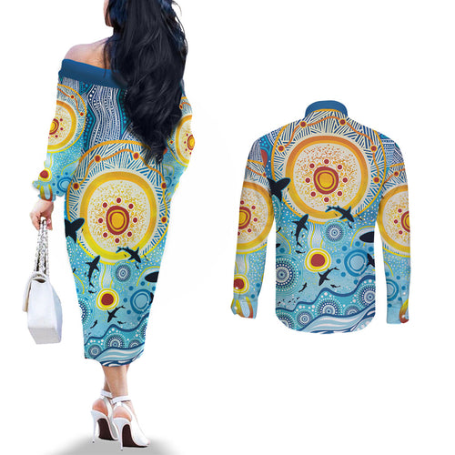 World Ocean Day Aboriginal Arts Indigenous Couples Matching Off The Shoulder Long Sleeve Dress and Long Sleeve Button Shirt Dancing Under Moonlight