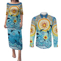 World Ocean Day Aboriginal Arts Indigenous Couples Matching Puletasi and Long Sleeve Button Shirt Dancing Under Moonlight
