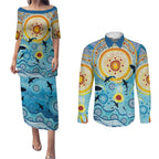World Ocean Day Aboriginal Arts Indigenous Couples Matching Puletasi and Long Sleeve Button Shirt Dancing Under Moonlight