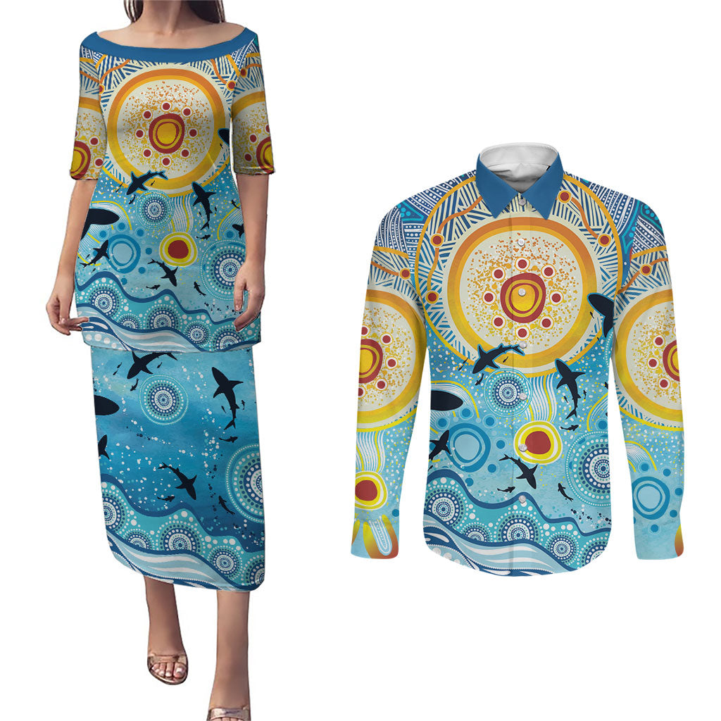 World Ocean Day Aboriginal Arts Indigenous Couples Matching Puletasi and Long Sleeve Button Shirt Dancing Under Moonlight
