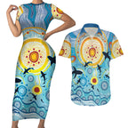 World Ocean Day Aboriginal Arts Indigenous Couples Matching Short Sleeve Bodycon Dress and Hawaiian Shirt Dancing Under Moonlight