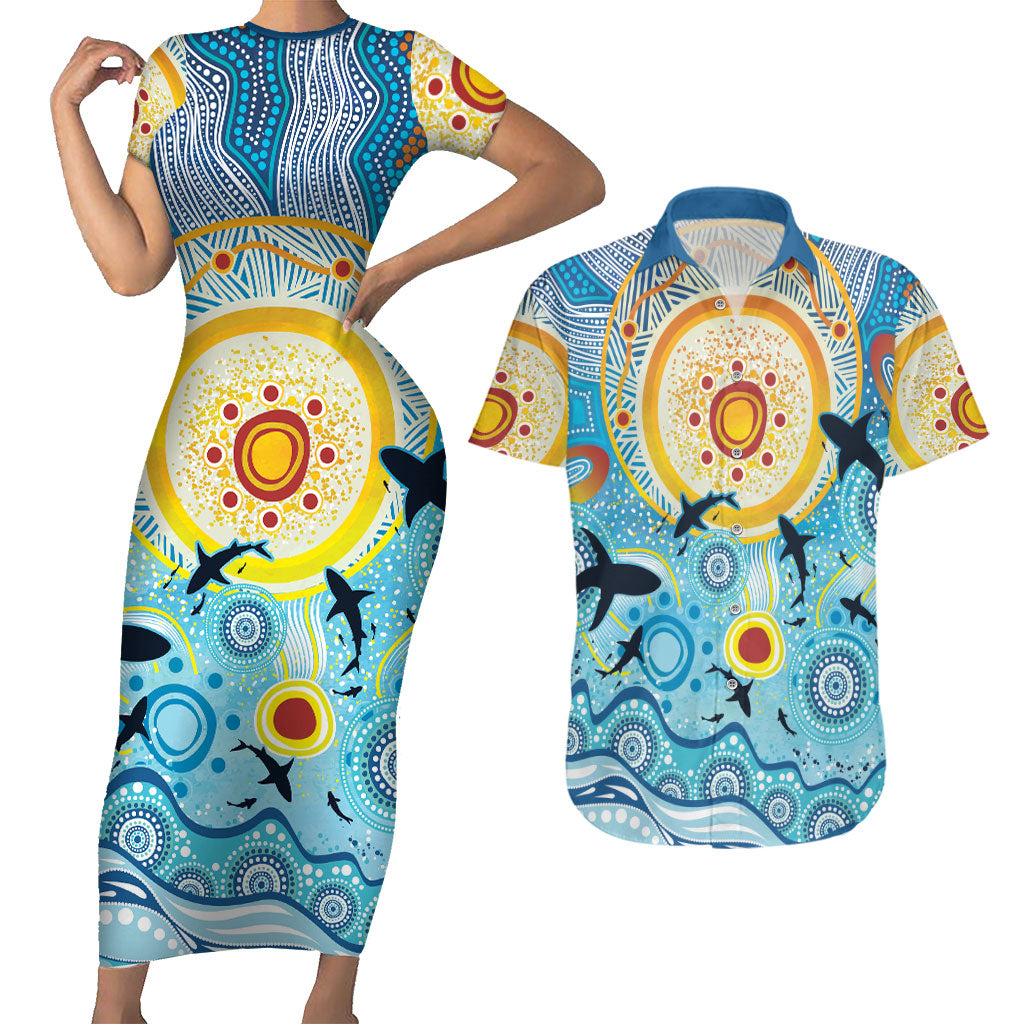 World Ocean Day Aboriginal Arts Indigenous Couples Matching Short Sleeve Bodycon Dress and Hawaiian Shirt Dancing Under Moonlight