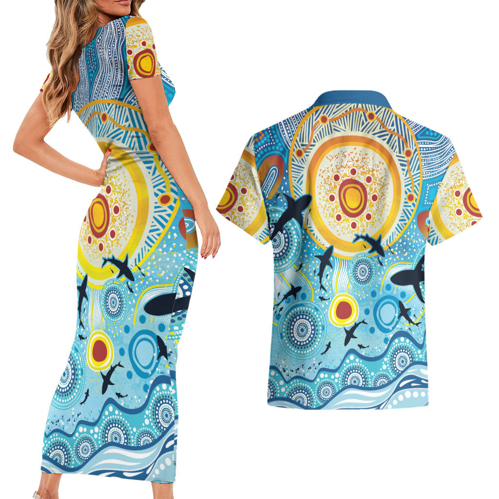World Ocean Day Aboriginal Arts Indigenous Couples Matching Short Sleeve Bodycon Dress and Hawaiian Shirt Dancing Under Moonlight