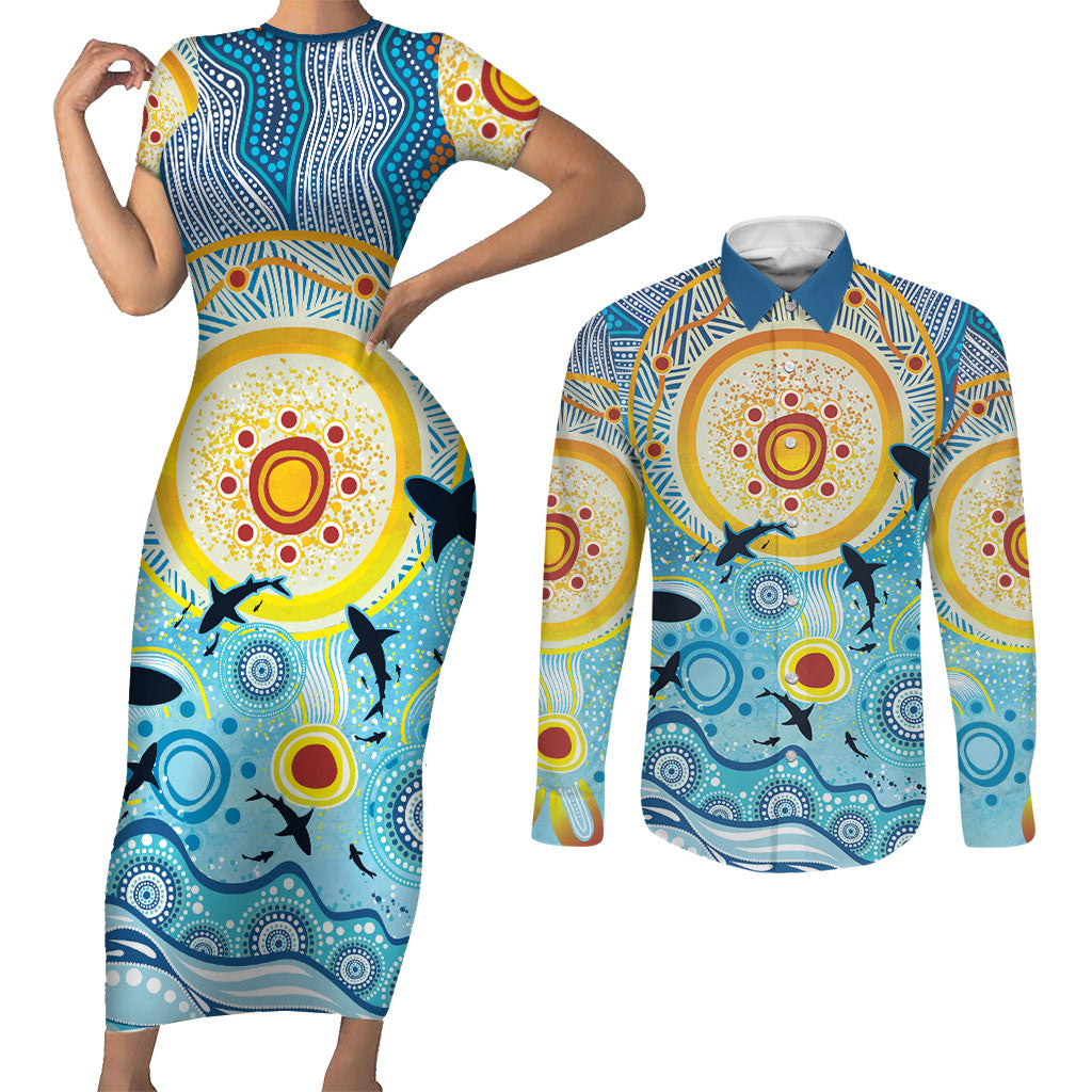 World Ocean Day Aboriginal Arts Indigenous Couples Matching Short Sleeve Bodycon Dress and Long Sleeve Button Shirt Dancing Under Moonlight