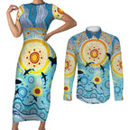 World Ocean Day Aboriginal Arts Indigenous Couples Matching Short Sleeve Bodycon Dress and Long Sleeve Button Shirt Dancing Under Moonlight