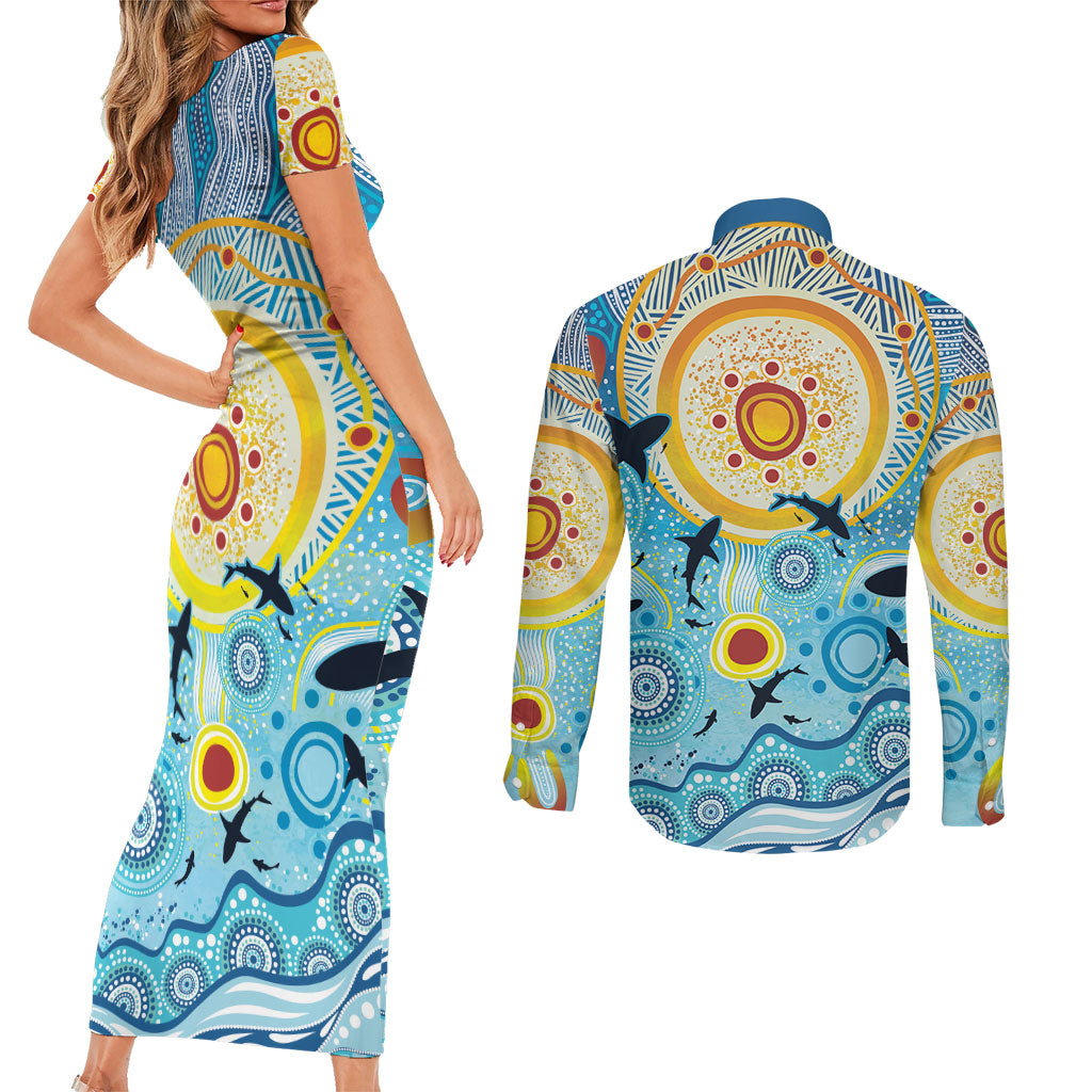 World Ocean Day Aboriginal Arts Indigenous Couples Matching Short Sleeve Bodycon Dress and Long Sleeve Button Shirt Dancing Under Moonlight