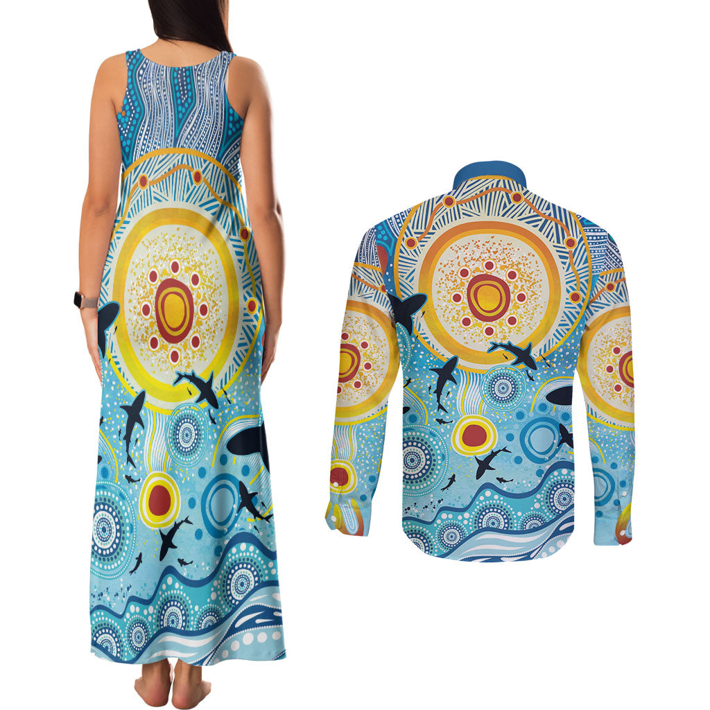 World Ocean Day Aboriginal Arts Indigenous Couples Matching Tank Maxi Dress and Long Sleeve Button Shirt Dancing Under Moonlight