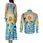 World Ocean Day Aboriginal Arts Indigenous Couples Matching Tank Maxi Dress and Long Sleeve Button Shirt Dancing Under Moonlight