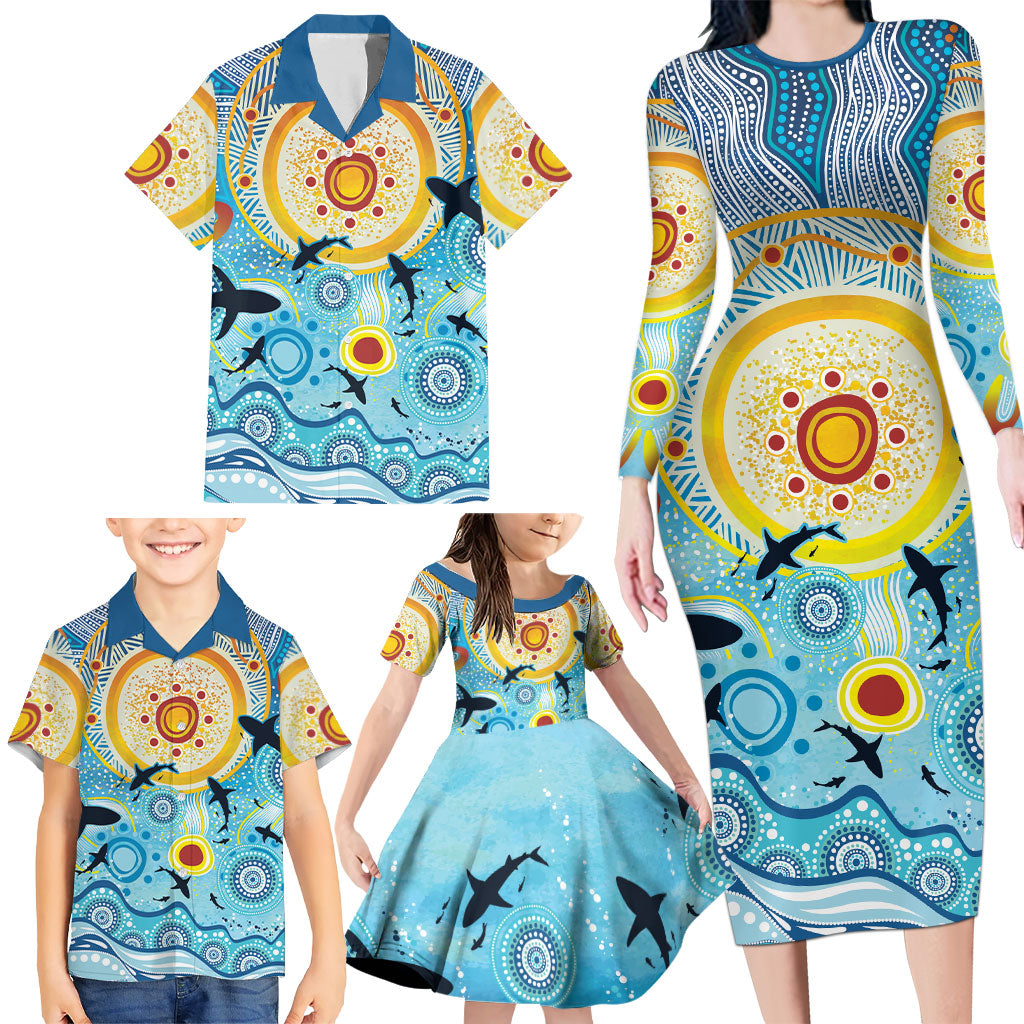 World Ocean Day Aboriginal Arts Indigenous Family Matching Long Sleeve Bodycon Dress and Hawaiian Shirt Dancing Under Moonlight