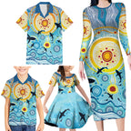 World Ocean Day Aboriginal Arts Indigenous Family Matching Long Sleeve Bodycon Dress and Hawaiian Shirt Dancing Under Moonlight