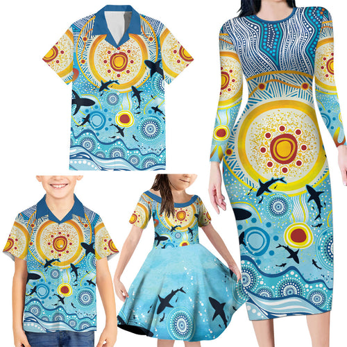 World Ocean Day Aboriginal Arts Indigenous Family Matching Long Sleeve Bodycon Dress and Hawaiian Shirt Dancing Under Moonlight