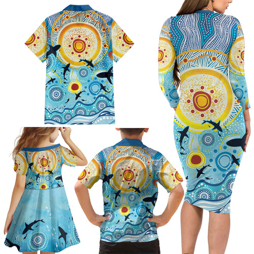 World Ocean Day Aboriginal Arts Indigenous Family Matching Long Sleeve Bodycon Dress and Hawaiian Shirt Dancing Under Moonlight