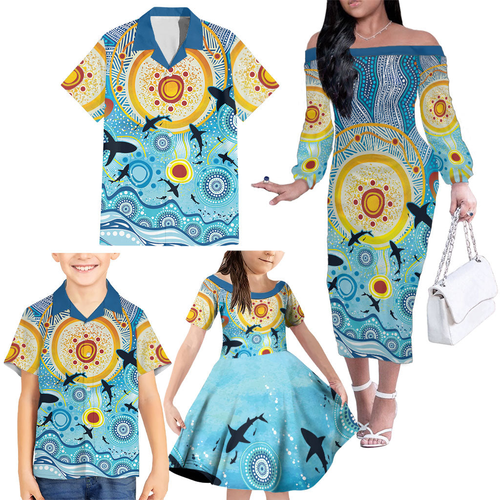 World Ocean Day Aboriginal Arts Indigenous Family Matching Off The Shoulder Long Sleeve Dress and Hawaiian Shirt Dancing Under Moonlight