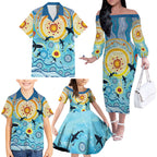 World Ocean Day Aboriginal Arts Indigenous Family Matching Off The Shoulder Long Sleeve Dress and Hawaiian Shirt Dancing Under Moonlight