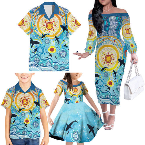 World Ocean Day Aboriginal Arts Indigenous Family Matching Off The Shoulder Long Sleeve Dress and Hawaiian Shirt Dancing Under Moonlight