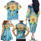 World Ocean Day Aboriginal Arts Indigenous Family Matching Off The Shoulder Long Sleeve Dress and Hawaiian Shirt Dancing Under Moonlight