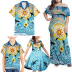 World Ocean Day Aboriginal Arts Indigenous Family Matching Off Shoulder Maxi Dress and Hawaiian Shirt Dancing Under Moonlight