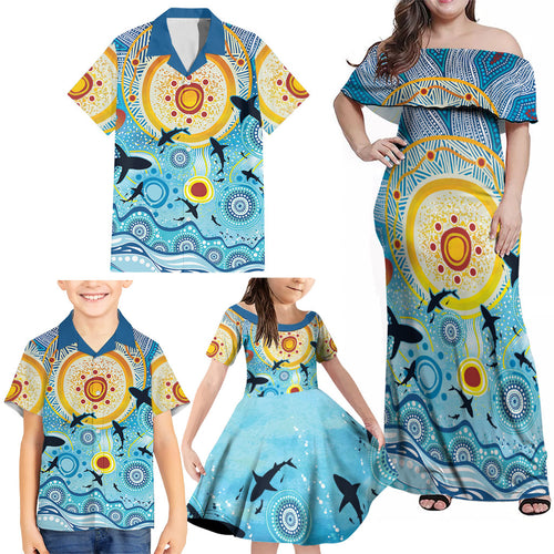 World Ocean Day Aboriginal Arts Indigenous Family Matching Off Shoulder Maxi Dress and Hawaiian Shirt Dancing Under Moonlight