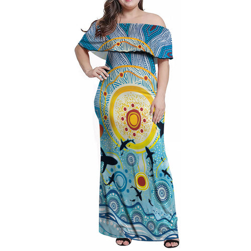 World Ocean Day Aboriginal Arts Indigenous Family Matching Off Shoulder Maxi Dress and Hawaiian Shirt Dancing Under Moonlight