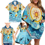 World Ocean Day Aboriginal Arts Indigenous Family Matching Off Shoulder Short Dress and Hawaiian Shirt Dancing Under Moonlight