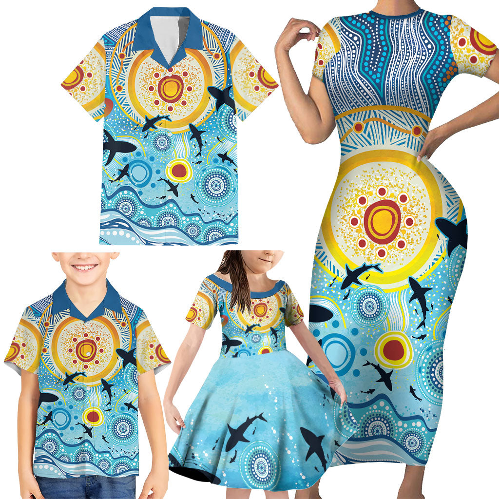 World Ocean Day Aboriginal Arts Indigenous Family Matching Short Sleeve Bodycon Dress and Hawaiian Shirt Dancing Under Moonlight