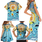 World Ocean Day Aboriginal Arts Indigenous Family Matching Short Sleeve Bodycon Dress and Hawaiian Shirt Dancing Under Moonlight