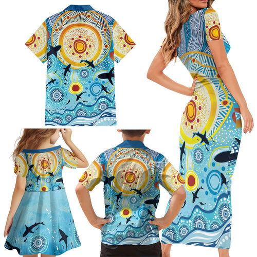 World Ocean Day Aboriginal Arts Indigenous Family Matching Short Sleeve Bodycon Dress and Hawaiian Shirt Dancing Under Moonlight