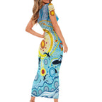 World Ocean Day Aboriginal Arts Indigenous Family Matching Short Sleeve Bodycon Dress and Hawaiian Shirt Dancing Under Moonlight