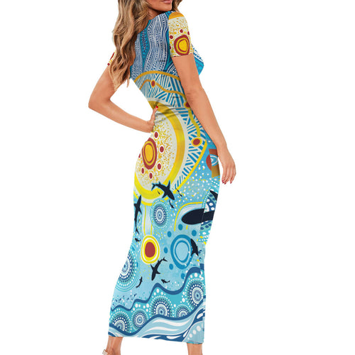 World Ocean Day Aboriginal Arts Indigenous Family Matching Short Sleeve Bodycon Dress and Hawaiian Shirt Dancing Under Moonlight