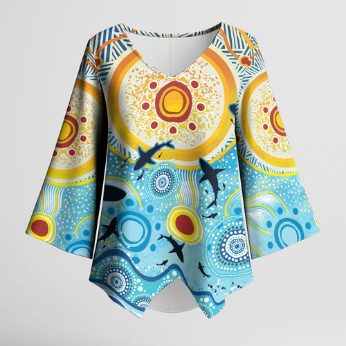 World Ocean Day Aboriginal Arts Indigenous Kimono Sleeve Blouse Dancing Under Moonlight