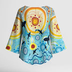 World Ocean Day Aboriginal Arts Indigenous Kimono Sleeve Blouse Dancing Under Moonlight