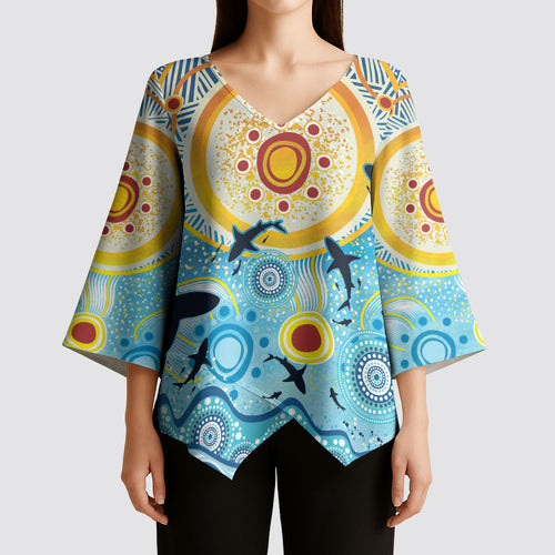 World Ocean Day Aboriginal Arts Indigenous Kimono Sleeve Blouse Dancing Under Moonlight