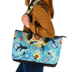World Ocean Day Aboriginal Arts Indigenous Leather Tote Bag Dancing Under Moonlight