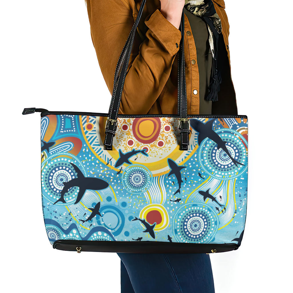 World Ocean Day Aboriginal Arts Indigenous Leather Tote Bag Dancing Under Moonlight