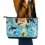 World Ocean Day Aboriginal Arts Indigenous Leather Tote Bag Dancing Under Moonlight