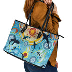 World Ocean Day Aboriginal Arts Indigenous Leather Tote Bag Dancing Under Moonlight