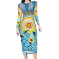 World Ocean Day Aboriginal Arts Indigenous Long Sleeve Bodycon Dress Dancing Under Moonlight