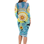 World Ocean Day Aboriginal Arts Indigenous Long Sleeve Bodycon Dress Dancing Under Moonlight