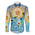 World Ocean Day Aboriginal Arts Indigenous Long Sleeve Button Shirt Dancing Under Moonlight