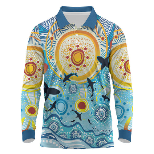 World Ocean Day Aboriginal Arts Indigenous Long Sleeve Polo Shirt Dancing Under Moonlight