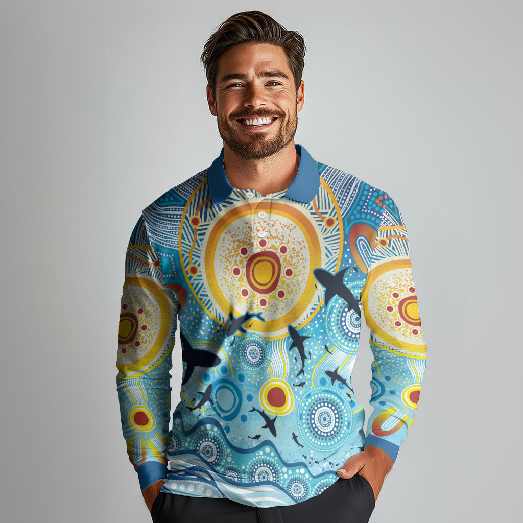 World Ocean Day Aboriginal Arts Indigenous Long Sleeve Polo Shirt Dancing Under Moonlight