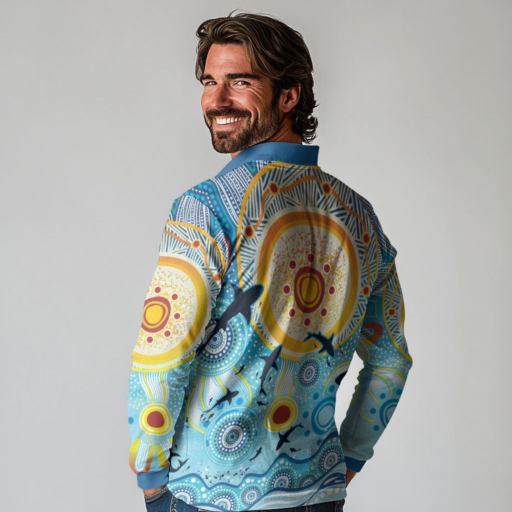 World Ocean Day Aboriginal Arts Indigenous Long Sleeve Polo Shirt Dancing Under Moonlight