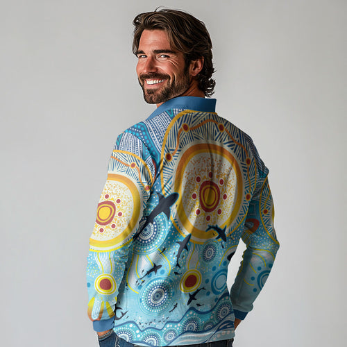 World Ocean Day Aboriginal Arts Indigenous Long Sleeve Polo Shirt Dancing Under Moonlight