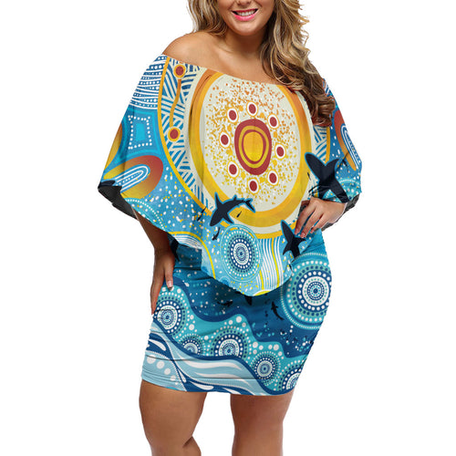 World Ocean Day Aboriginal Arts Indigenous Off Shoulder Short Dress Dancing Under Moonlight