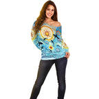 World Ocean Day Aboriginal Arts Indigenous Off Shoulder Sweater Dancing Under Moonlight
