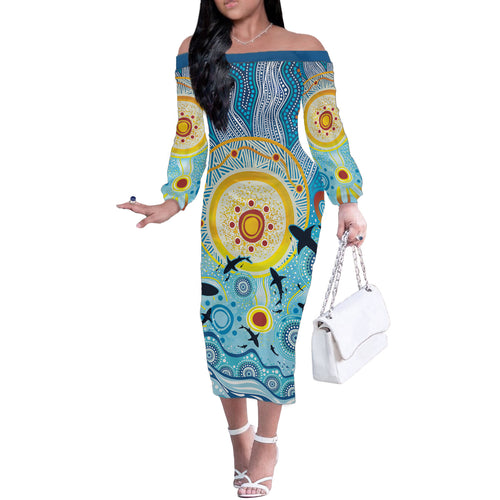 World Ocean Day Aboriginal Arts Indigenous Off The Shoulder Long Sleeve Dress Dancing Under Moonlight