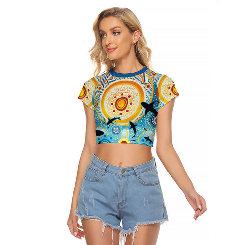 World Ocean Day Aboriginal Arts Indigenous Raglan Cropped T Shirt Dancing Under Moonlight