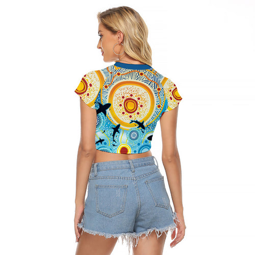 World Ocean Day Aboriginal Arts Indigenous Raglan Cropped T Shirt Dancing Under Moonlight